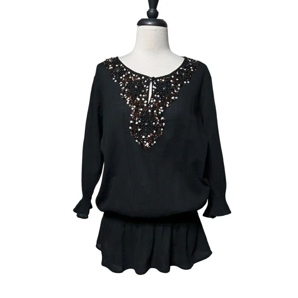 Chico's Embellished Sheer Black Empire Waist Blouse Large
